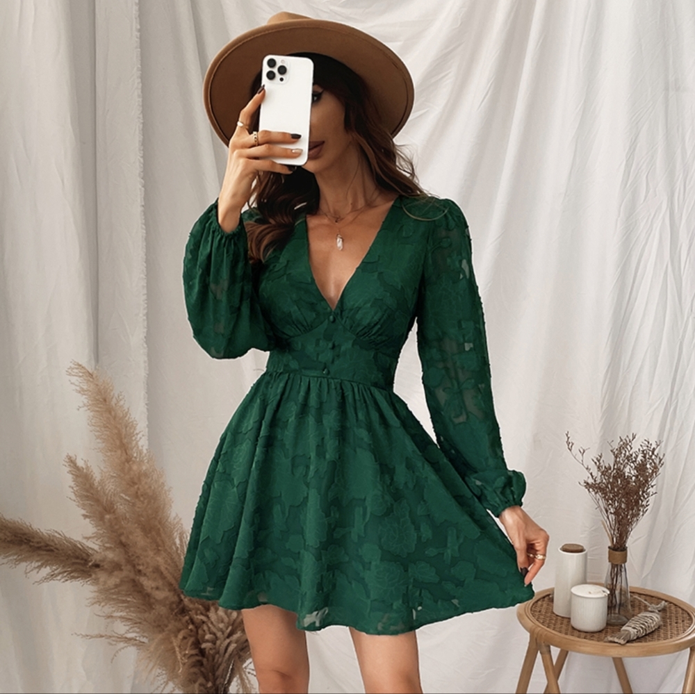 Floral Plunging Long Sleeve A-Line Mini Dress